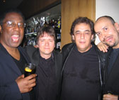 Henry, Kevin, Dom and pianist Ben McLean at the bar, after another hot gig - Mezzo. (How can Henry look so fresh when we look so knackered!?)